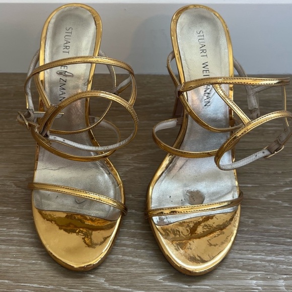 Stuart Weitzman • sky high gold strappy stiletto sandals • 40 - Picture 4 of 16